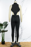 Black Casual Solid Asymmetrical Turtleneck Sleeveless Two Pieces