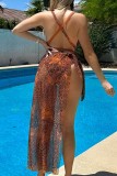 Orange Sexy Print Patchwork Frenulum Backless Swimwears (With Paddings)