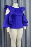 Blue Casual Solid Hollowed Out Patchwork Flounce O Neck Tops
