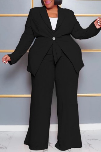 Black Casual Solid Cardigan Pants Turn-back Collar Plus Size Two Pieces