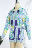Sky Blue Casual Print Patchwork Shirt Collar Long Sleeve Two Pieces
