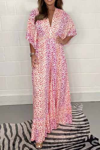 Pink Casual Print Patchwork V Neck Regular Jumpsuits