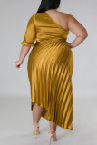 Gold Elegant Solid Patchwork Draw String Fold Oblique Collar One Step Skirt Plus Size Dresses