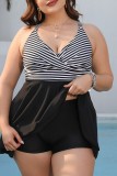 Blue Sexy Striped Print Patchwork Backless V Neck Plus Size Swimwear (With Paddings)