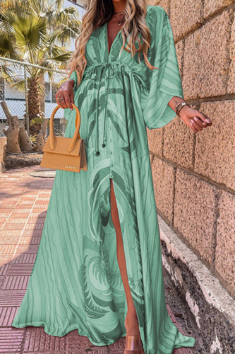 Green Casual Print Patchwork V Neck Long Dress Dresses