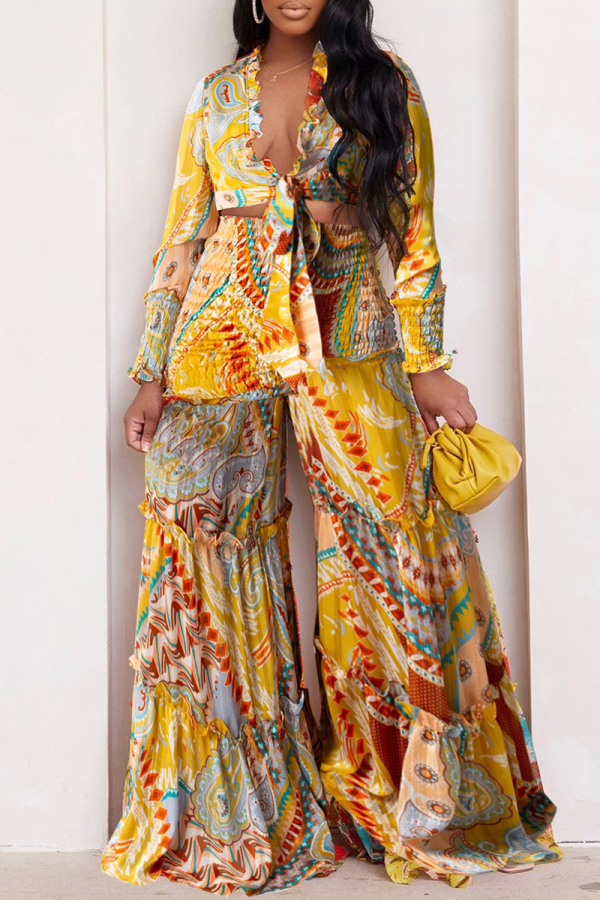 Yellow Graphic Print Deep V Neck Long Sleeve Knotted Crop Top and Ruched Palazzo Pants Daily Vacation Trousers Set