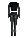 Black Sexy Solid Patchwork See-through Sequins O Neck Long Sleeve Two Pieces