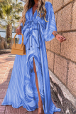 Deep Blue Casual Print Patchwork V Neck Long Dress Dresses