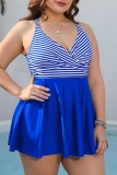 Blue Sexy Striped Print Patchwork Backless V Neck Plus Size Swimwear (With Paddings)