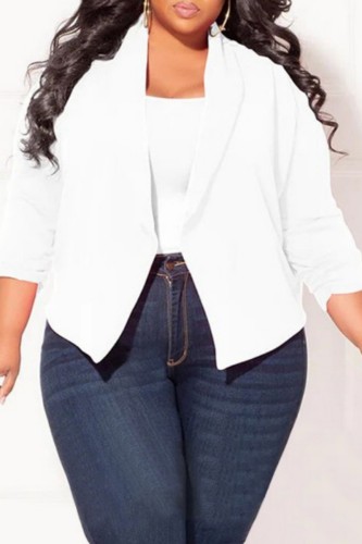 White Casual Solid Cardigan Turn-back Collar Plus Size Overcoat