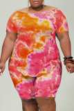 Tangerine Red Casual Print Tie Dye Basic O Neck Plus Size Two Pieces