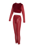 Burgundy Sexy Solid Patchwork See-through Sequins O Neck Long Sleeve Two Pieces