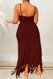 Burgundy Sexy Casual Solid Tassel Patchwork Backless Spaghetti Strap Sleeveless Two Pieces