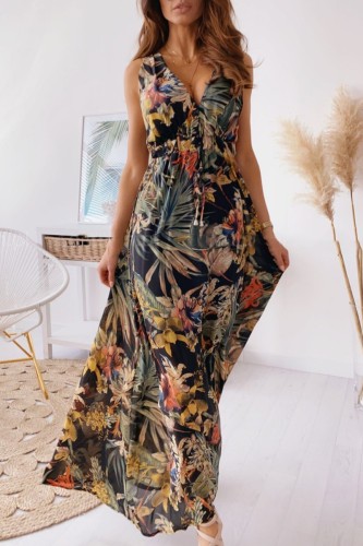 Black Casual Print Frenulum Backless V Neck Long Dress Dresses