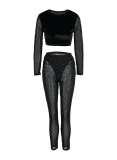 Black Sexy Solid Patchwork See-through Sequins O Neck Long Sleeve Two Pieces