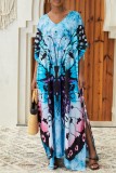 Colour Casual Print Slit V Neck Long Dress Dresses