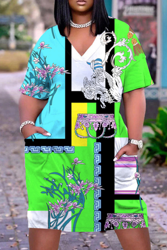 Green Casual Print Patchwork V Neck Short Sleeve Dress