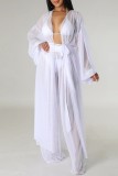 White Sexy Solid See-through Cardigan Long Sleeve Two Pieces