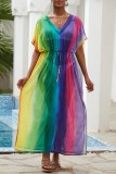 Multi-color Rainbow Multicolor Slit V Neck Drawstring Vacation Beach Long Maxi Dresses