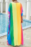 Colour Casual Print Slit V Neck Long Dress Dresses