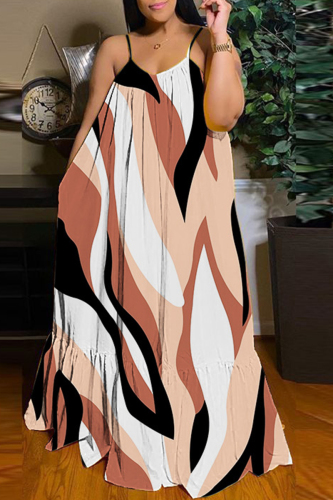 Coffee Sexy Print Backless Spaghetti Strap Long Dress Dresses