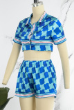 Blue Street Plaid Print Patchwork Letter Turndown Collar Short Sleeve Two Pieces