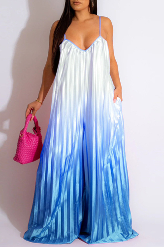 Blue Sexy Casual Gradual Change Print Backless Spaghetti Strap Regular Jumpsuits