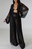 Black Sexy Solid See-through Cardigan Long Sleeve Two Pieces