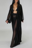 Black Sexy Solid See-through Cardigan Long Sleeve Two Pieces