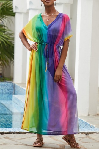 Rainbow Color Rainbow Multicolor Slit V Neck Drawstring Vacation Beach Long Maxi Dresses