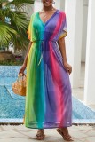 Colour Rainbow Multicolor Slit V Neck Drawstring Vacation Beach Long Maxi Dresses
