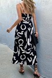 Black Sexy Casual Print Hollowed Out Backless Spaghetti Strap Long Dress Dresses