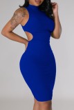 Blue Casual Solid Hollowed Out Turtleneck Sleeveless Dress Dresses