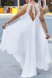 White Daily Elegant Vacation Solid Pierced Lace Bandage Hollowed Out Halter Asymmetrical Dresses