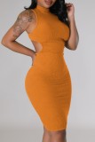 Orange Casual Solid Hollowed Out Turtleneck Sleeveless Dress Dresses