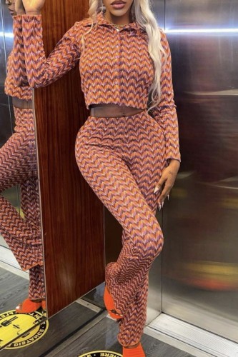 Light Brown Casual Print Basic Turndown Collar Long Sleeve Two Pieces