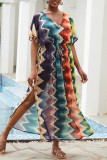 Rainbow Color Rainbow Multicolor Slit V Neck Drawstring Vacation Beach Long Maxi Dresses