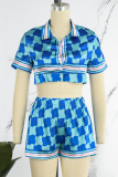 Blue Street Plaid Print Patchwork Letter Turndown Collar Short Sleeve Two Pieces