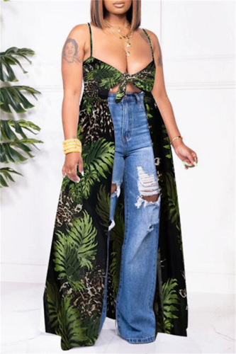 Black Green Fashion Sexy Print Backless Spaghetti Strap Tops