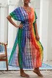 Multi-color Rainbow Multicolor Slit V Neck Drawstring Vacation Beach Long Maxi Dresses