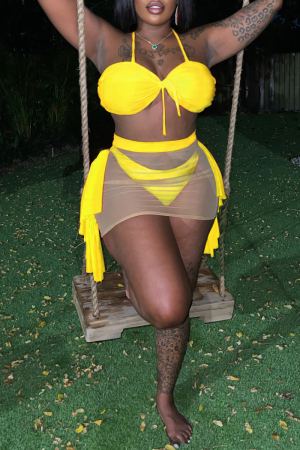 Yellow Sleeveless See-Through Cami Bra Crop Top and Mini Skirt Vacation Beach Matching Set