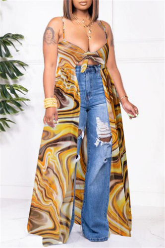 Yellow Fashion Sexy Print Backless Spaghetti Strap Tops