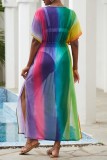Rainbow Color Rainbow Multicolor Slit V Neck Drawstring Vacation Beach Long Maxi Dresses