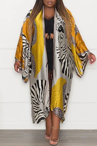 Yellow Casual Print Cardigan Outerwear