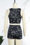 Black Casual Print Patchwork U Neck Sleeveless Two Pieces