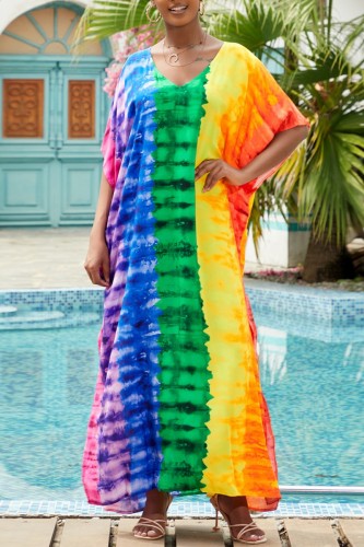 Colour Casual Print Slit V Neck Long Dress Dresses