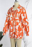Orange Casual Print Basic Shirt Collar Long Sleeve Two Pieces