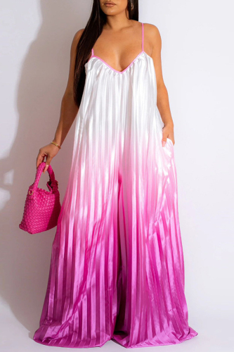 Rose Red Sexy Casual Gradual Change Print Backless Spaghetti Strap Regular Jumpsuits