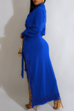 Blue Casual Solid Frenulum Slit Turndown Collar Long Sleeve Two Pieces