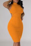 Orange Casual Solid Hollowed Out Turtleneck Sleeveless Dress Dresses